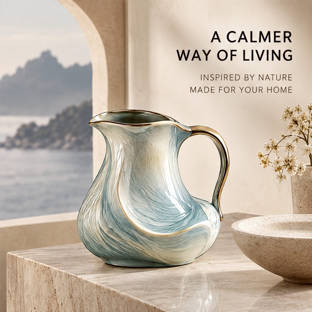 Flowing Beauty at Home – water-inspired ceramic pitcher on marble countertop, bringing calm to everyday living
