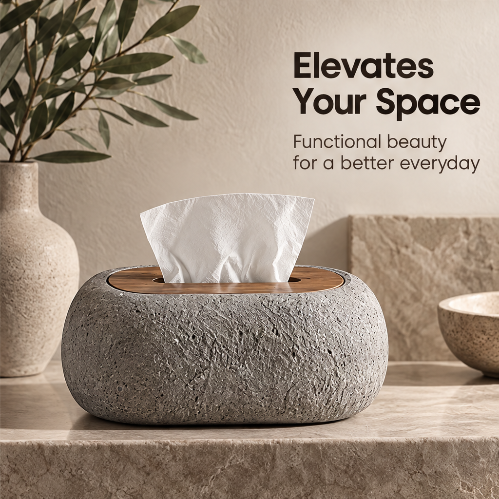 Natural Textures – close-up of porous volcanic stone surface and walnut wood lid, authentic texture for a grounded calming space