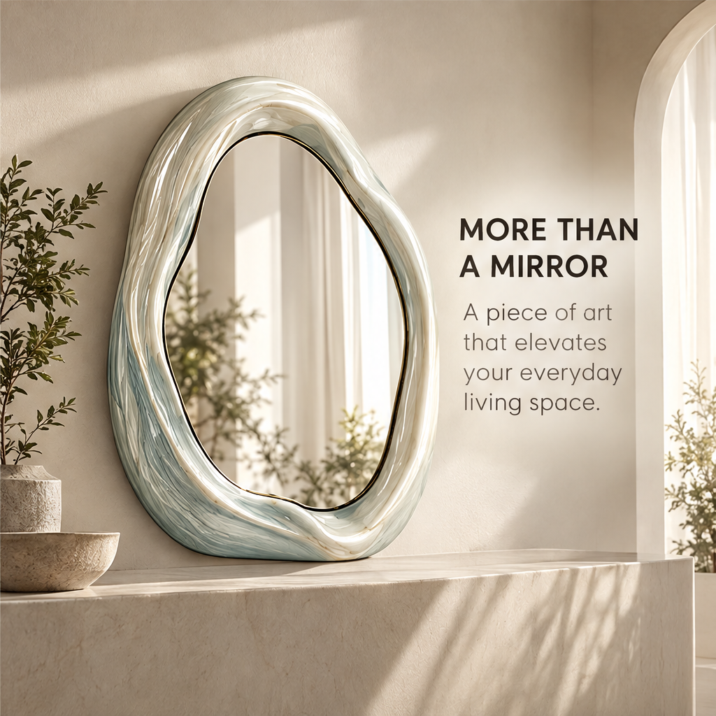 More Than a Mirror – wave ceramic mirror wall-mounted in bright living room, a piece of art that elevates everyday living