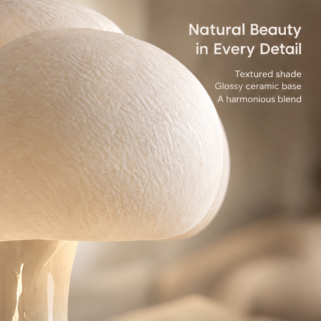 Natural Beauty in Every Detail – extreme close-up of textured cloud lamp shade surface, harmonious blend of textured shade and glossy ceramic base