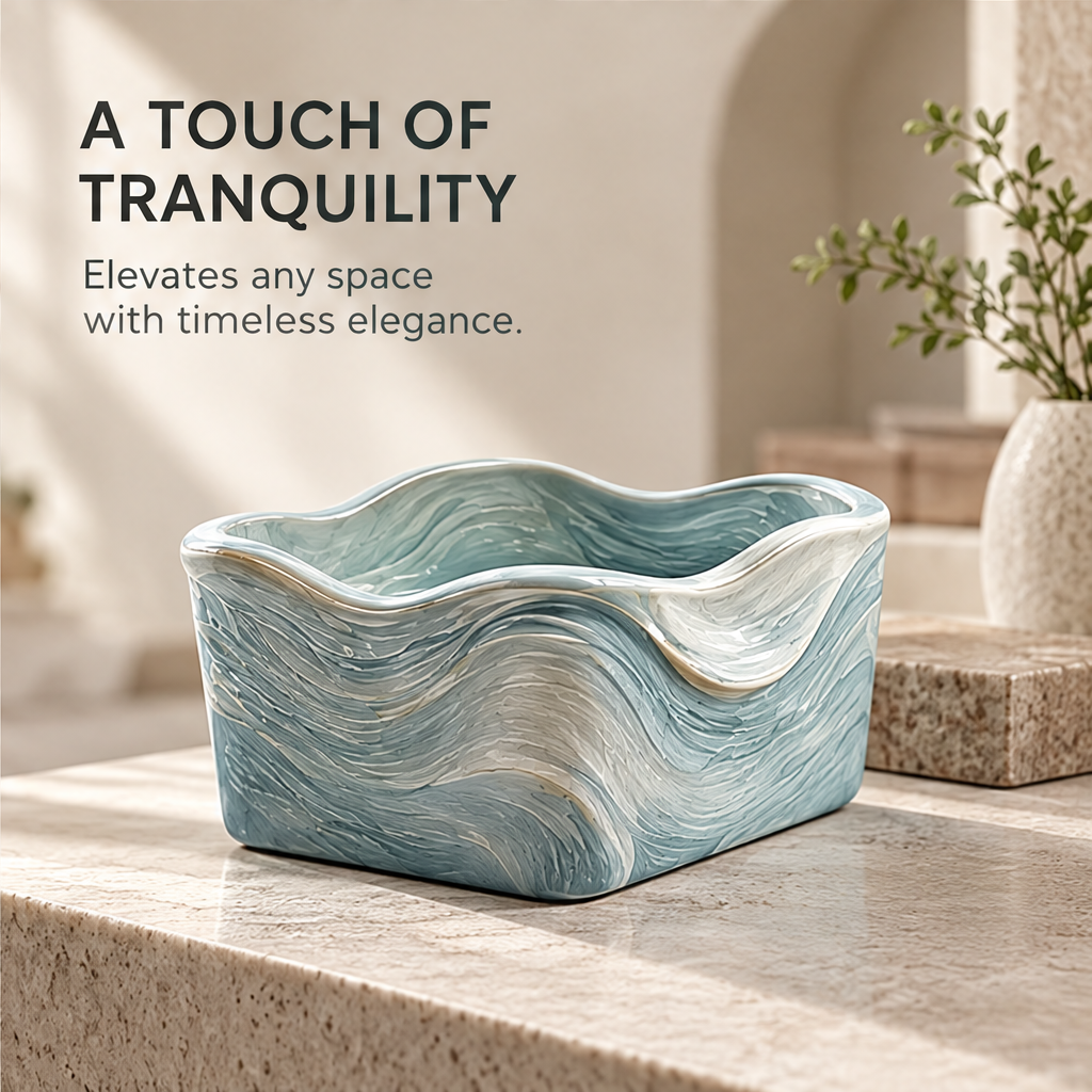 A Touch of Tranquility – wave ceramic storage box on outdoor stone steps, elevates any space with timeless elegance