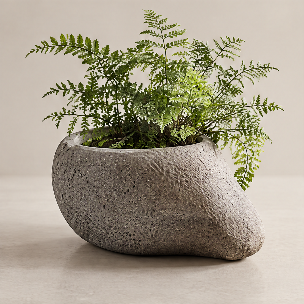Authentic Texture – close-up of porous volcanic stone surface on planter, naturally inspired surface with a refined organic feel