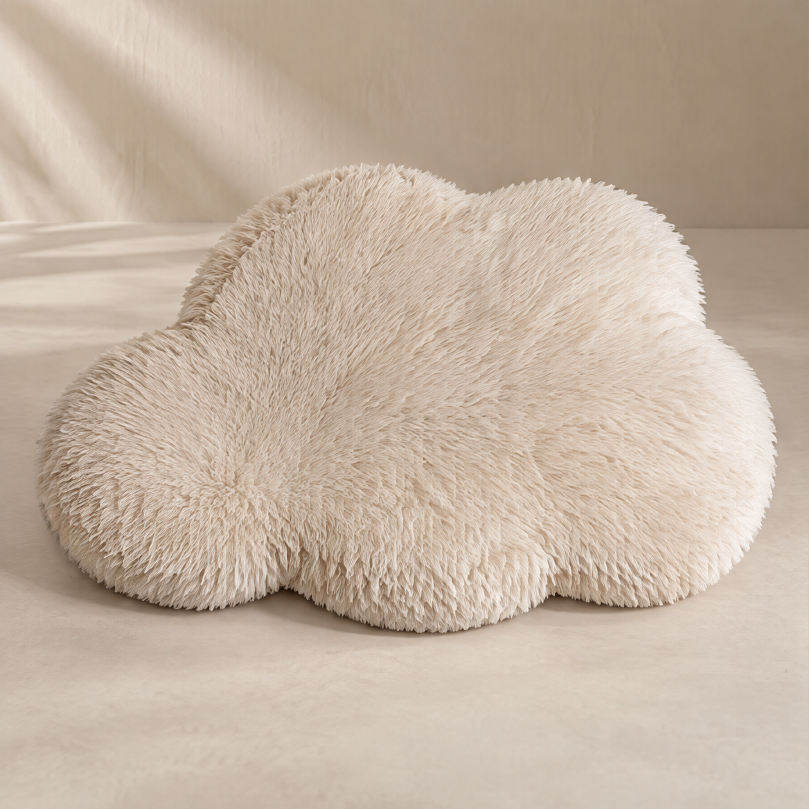 Cloud-Like Softness – hand pressing into ultra-plush long pile cream fur texture, ultra-plush texture for everyday comfort