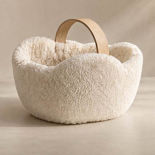 Premium Quality – close-up of boucle texture rim and curved natural wood handle detail, thoughtful details for lasting beauty